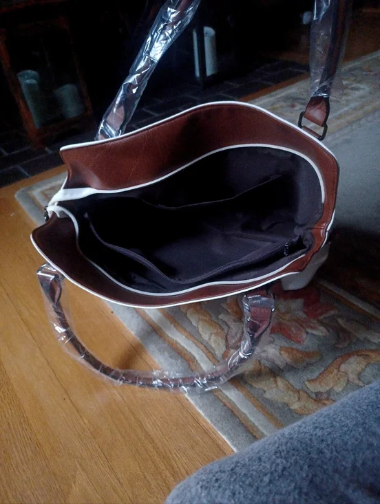 WHITE & BROWN SHOULDER BAG w/GENUINE LEATHER ACCENTS/TRIM-(NEW) - Picture 6 of 10